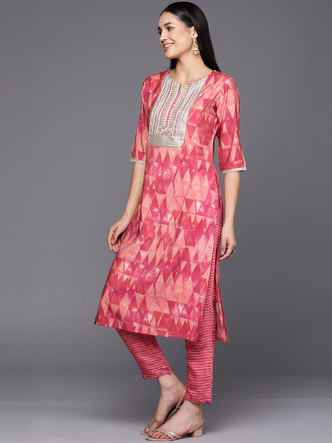 Coral Yoke Design Silk Blend Straight Suit Set With Trousers - Libas 