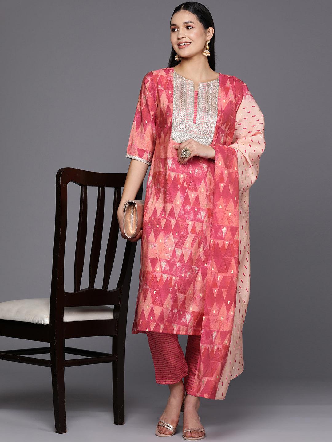 Coral Yoke Design Silk Blend Straight Suit Set With Trousers - Libas 