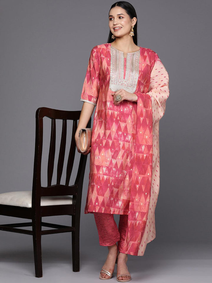 Coral Yoke Design Silk Blend Straight Suit Set With Trousers - Libas