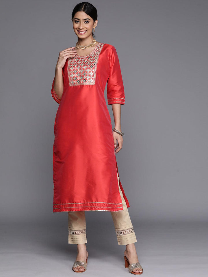 Coral Yoke Design Silk Straight Kurta - Libas