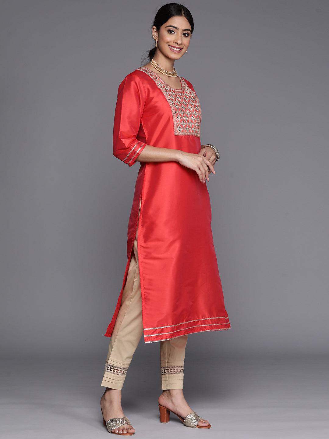 Coral Yoke Design Silk Straight Kurta - Libas