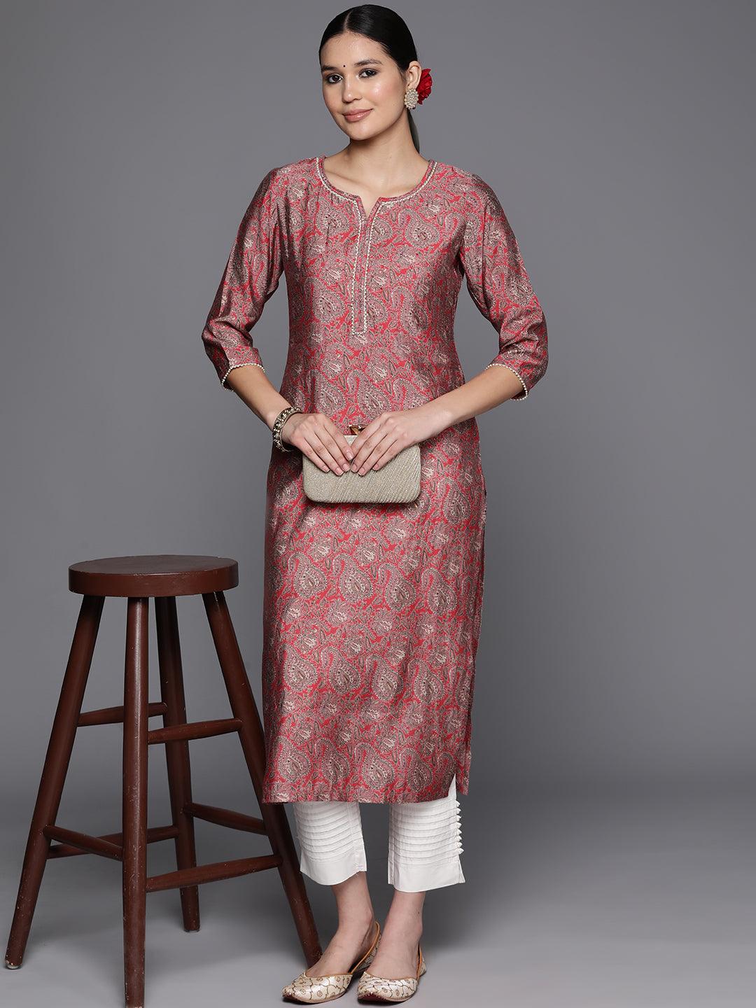 Coral Yoke Design Silk Straight Kurta - Libas