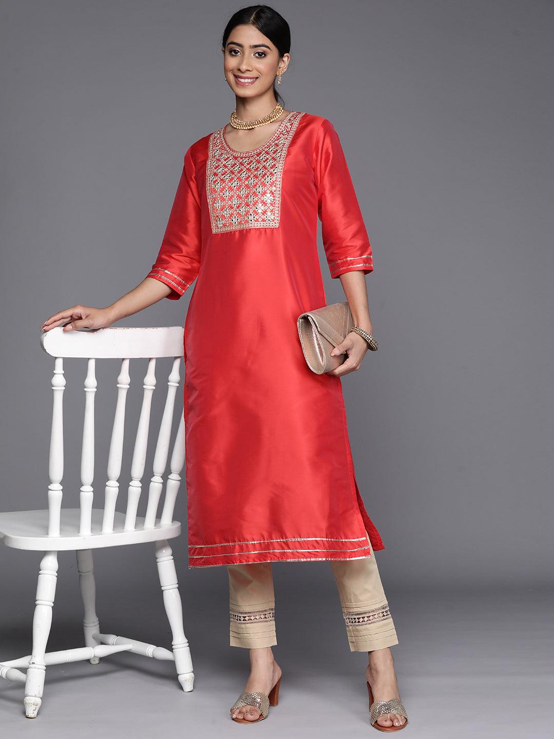 Coral Yoke Design Silk Straight Kurta - Libas