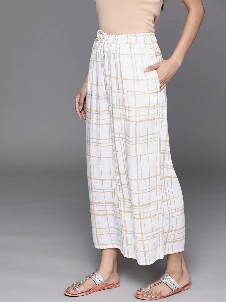 Cream Checkered Cotton Palazzos - Libas