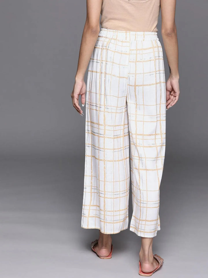 Cream Checkered Cotton Palazzos - Libas