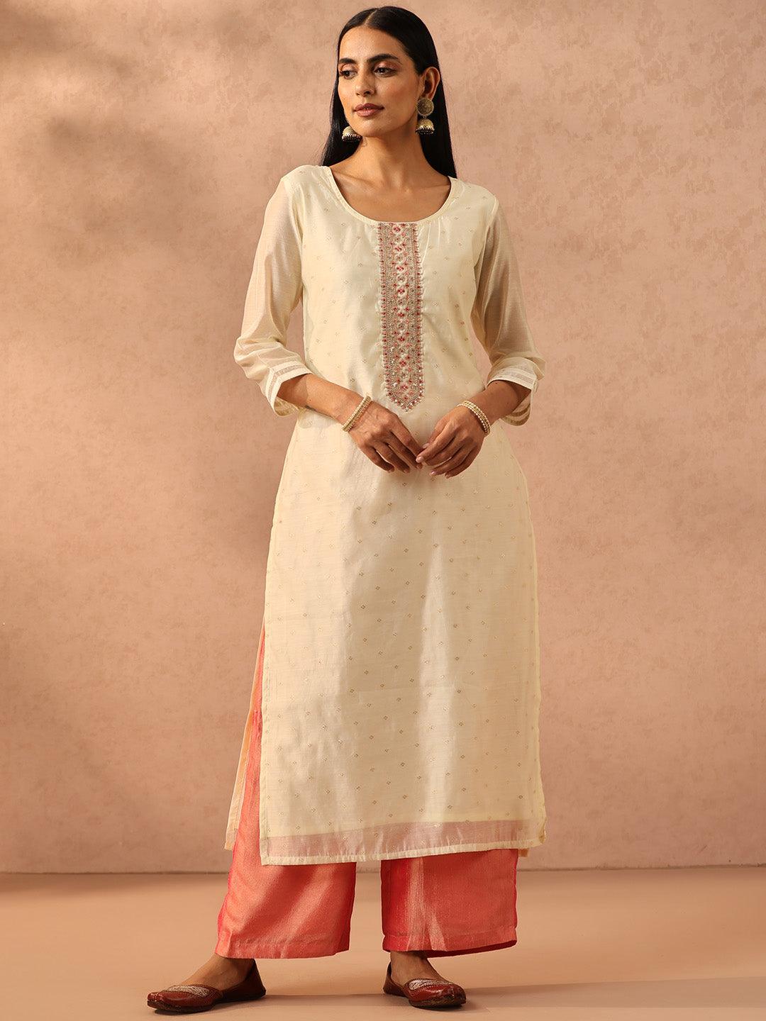 Cream Embellished Chanderi Silk Straight Kurta - Libas