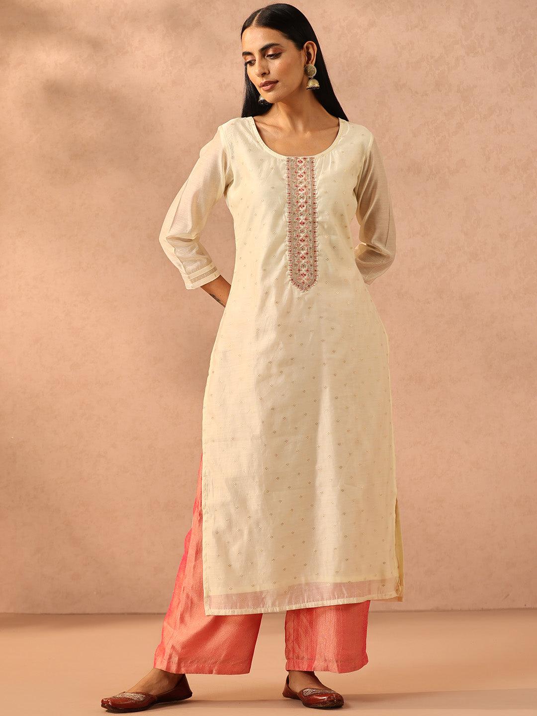 Cream Embellished Chanderi Silk Straight Kurta - Libas