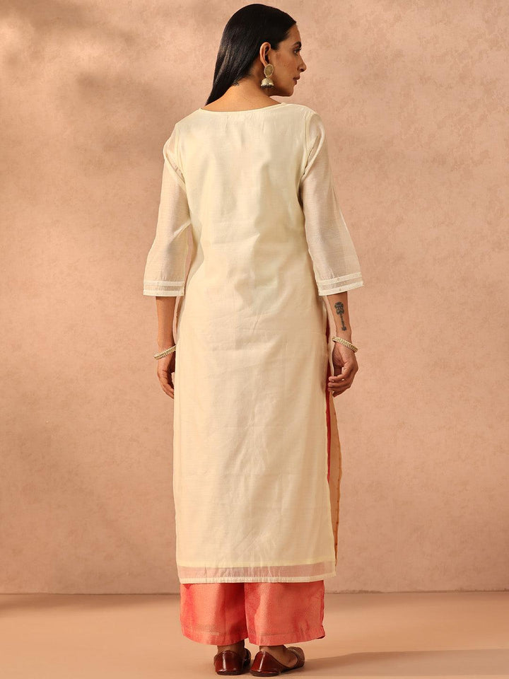 Cream Embellished Chanderi Silk Straight Kurta - Libas