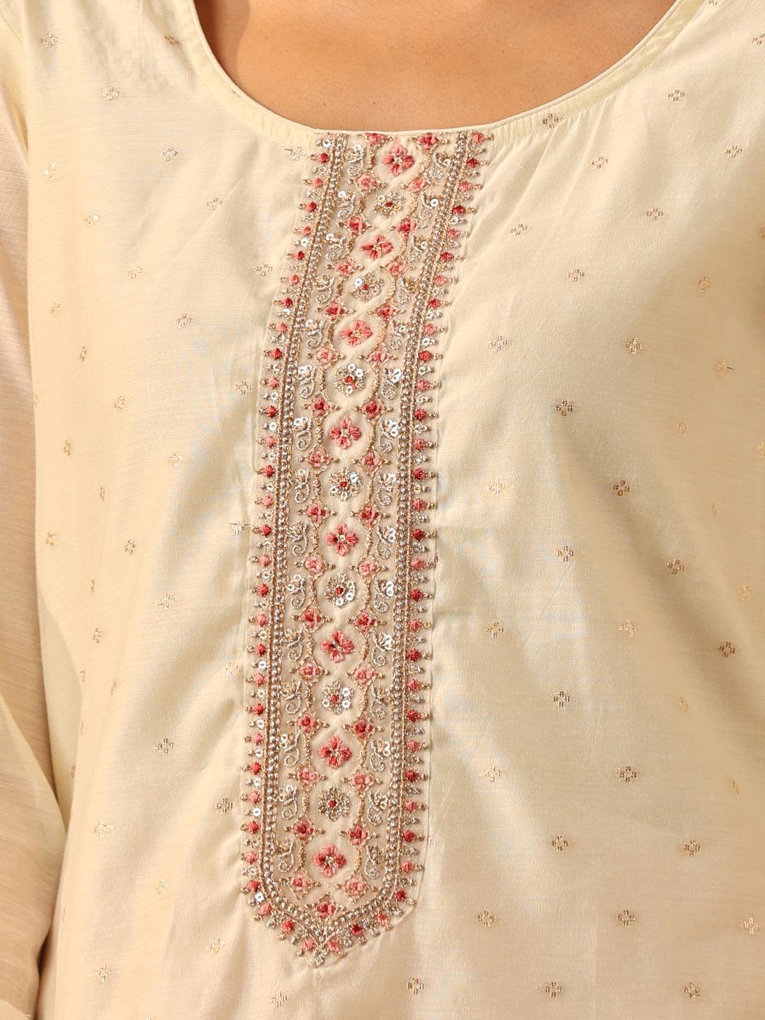 Cream Embellished Chanderi Silk Straight Kurta - Libas