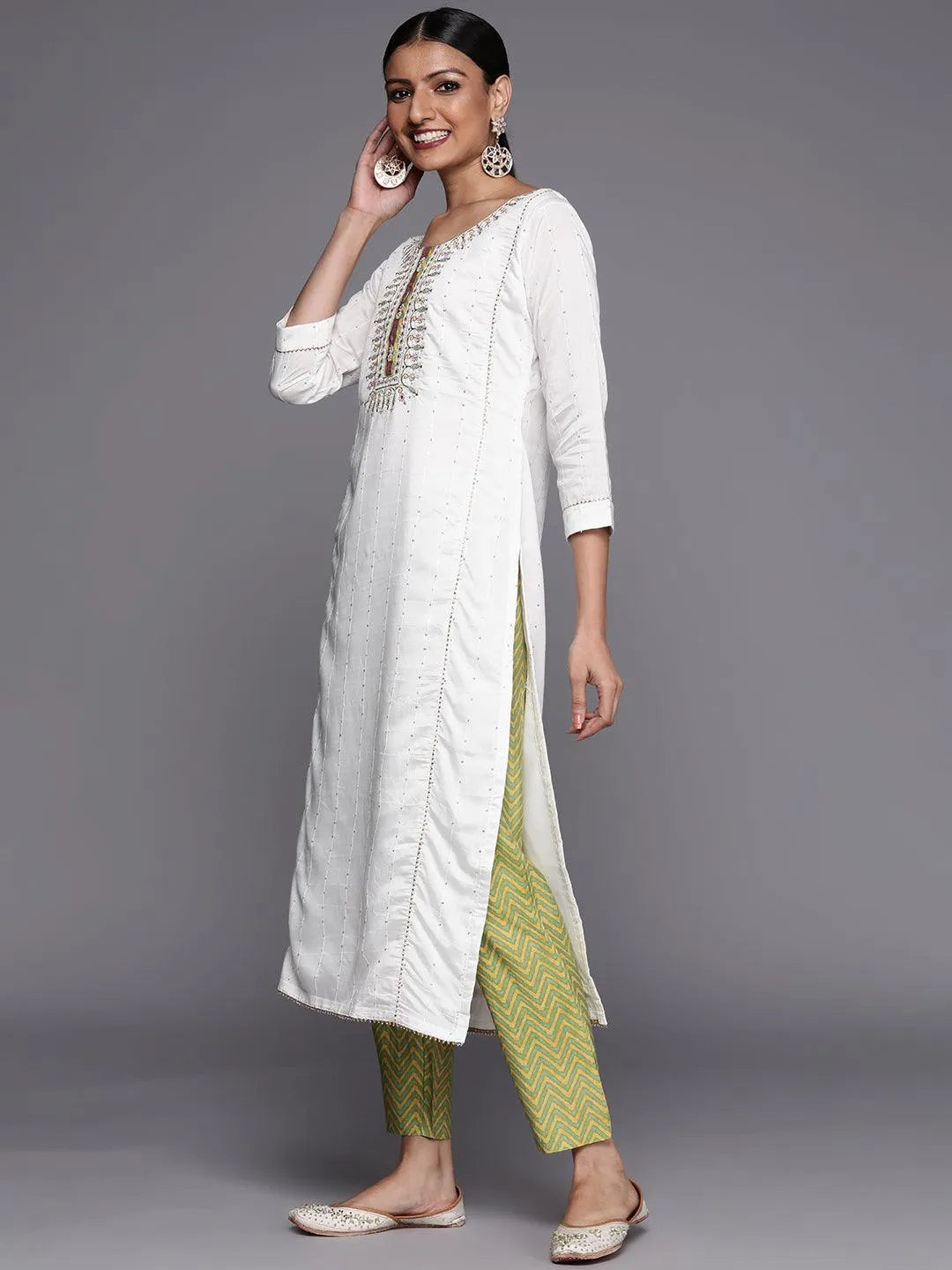 Cream Embroidered Chanderi Silk Straight Suit Set - Libas 