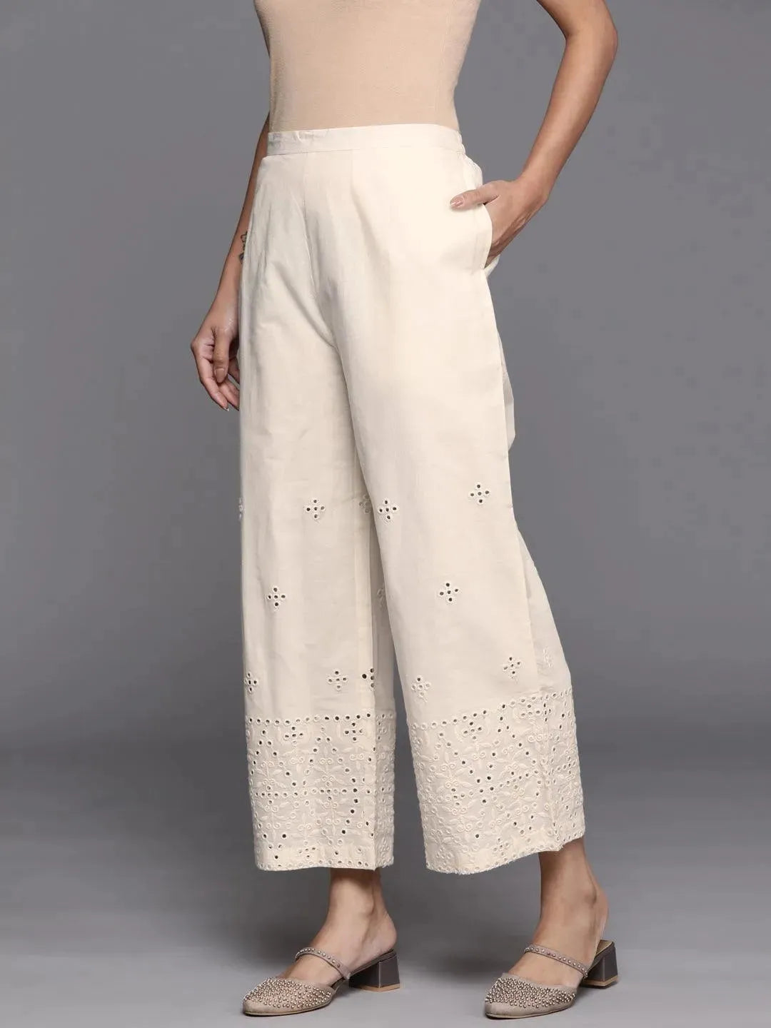 

Cream Embroidered Cotton Palazzos