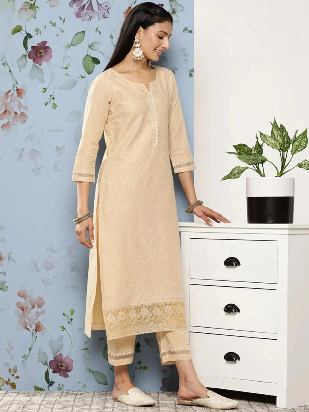 

Cream Embroidered Cotton Straight Kurta With Trousers & Dupatta