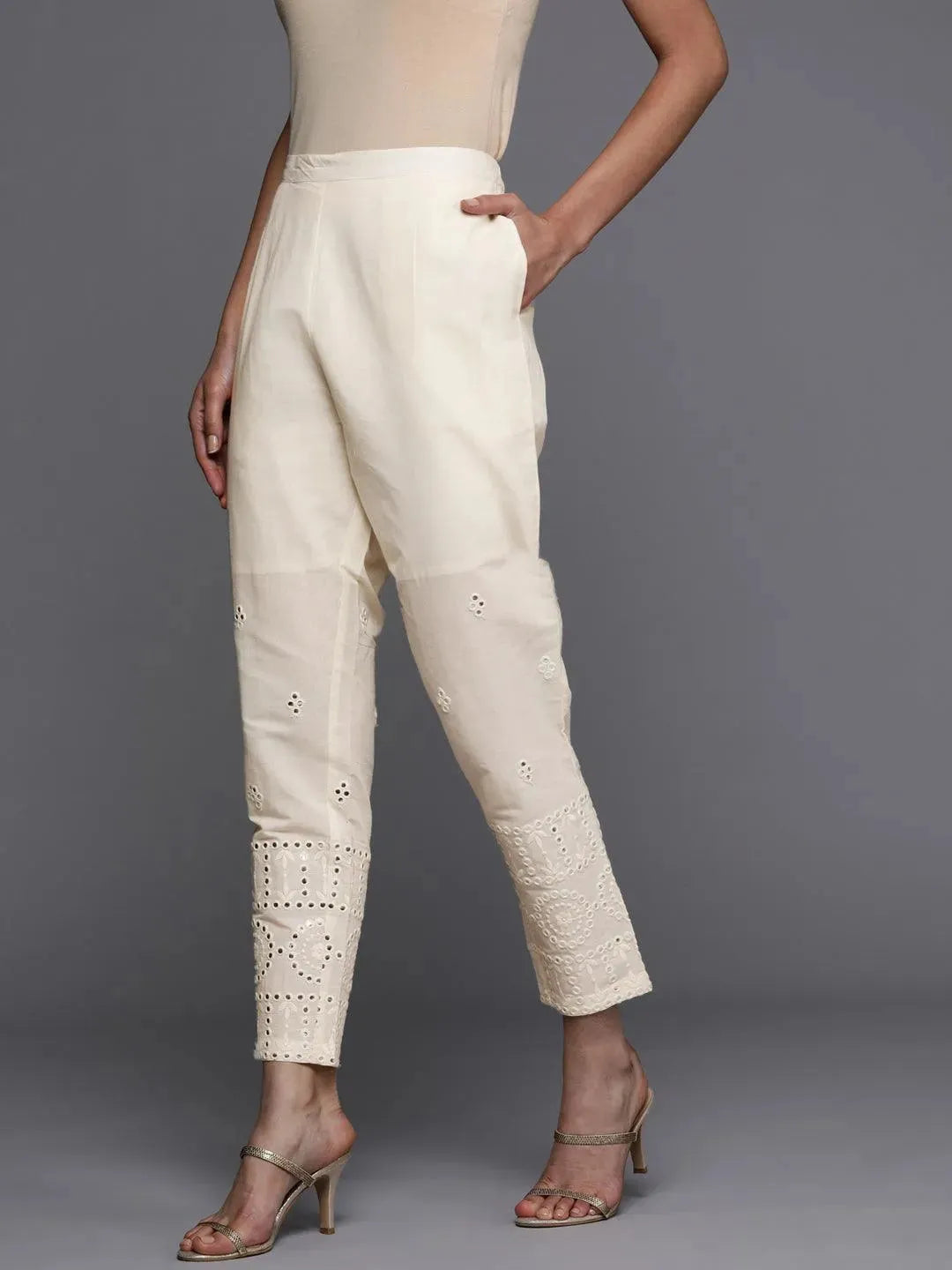 Cream Embroidered Cotton Trousers - Libas