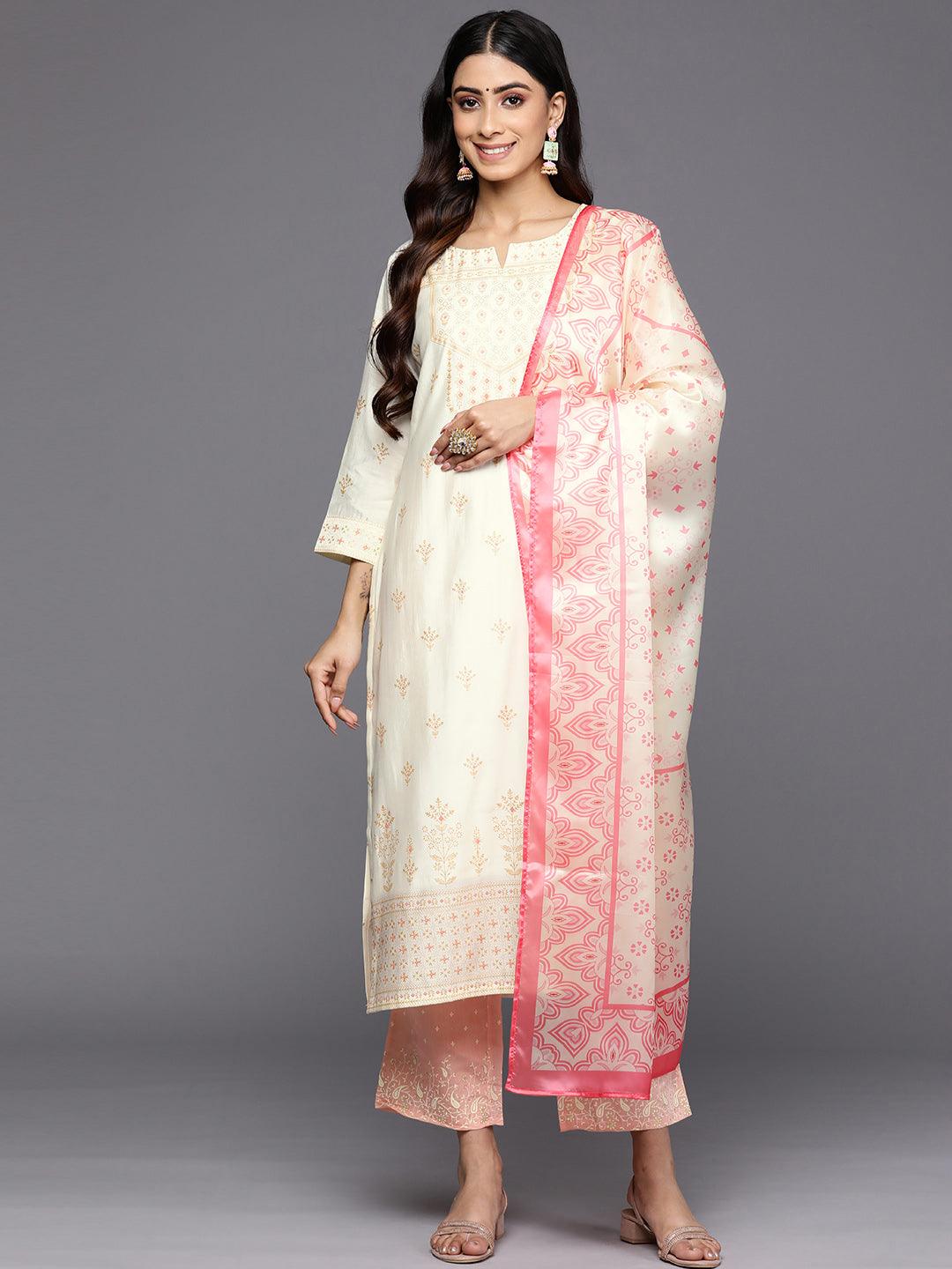 Cream Printed Chanderi Silk Straight Kurta With Trousers & Dupatta