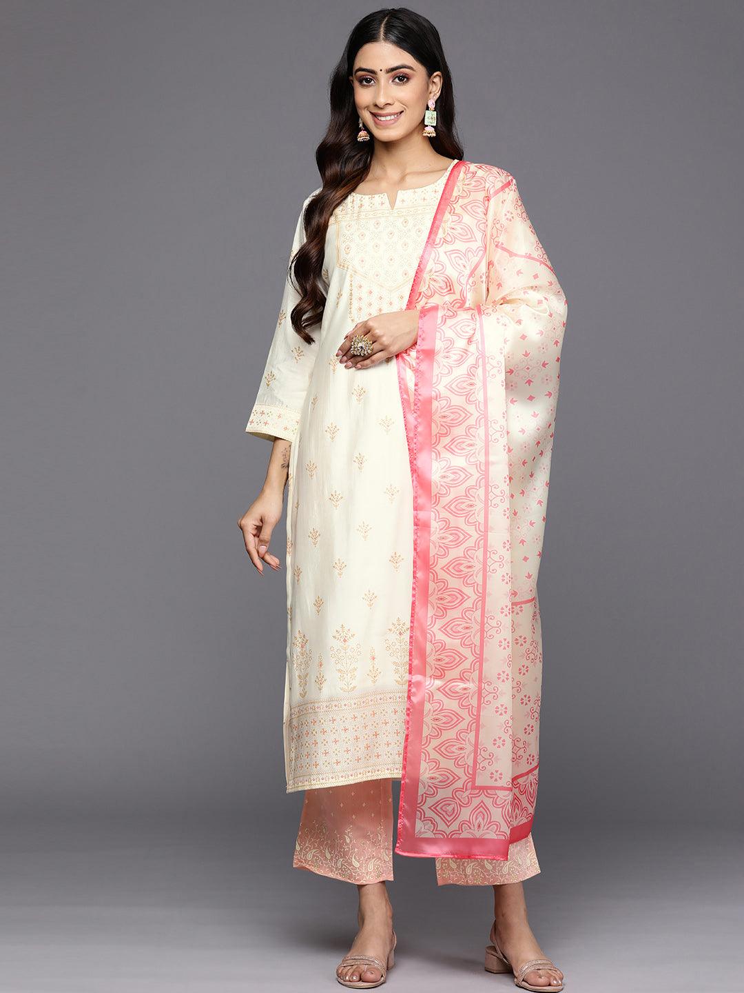 Cream Printed Chanderi Silk Straight Suit Set With Trousers - Libas