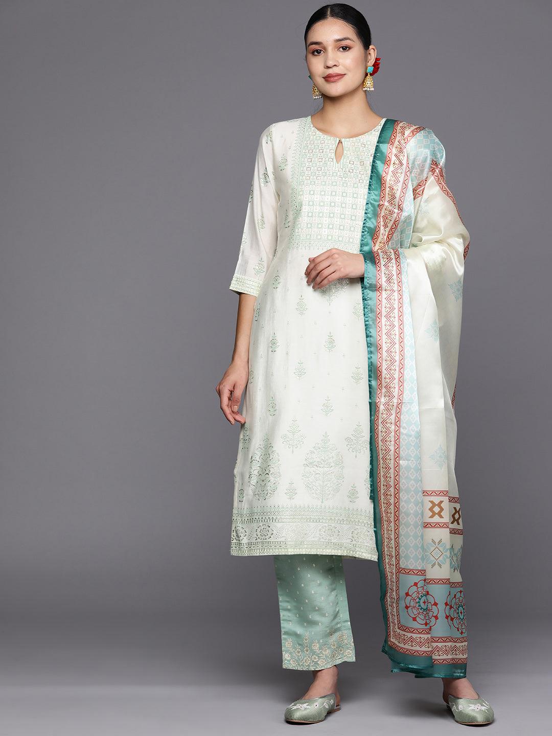 Cream Printed Chanderi Silk Straight Suit Set With Trousers - Libas 