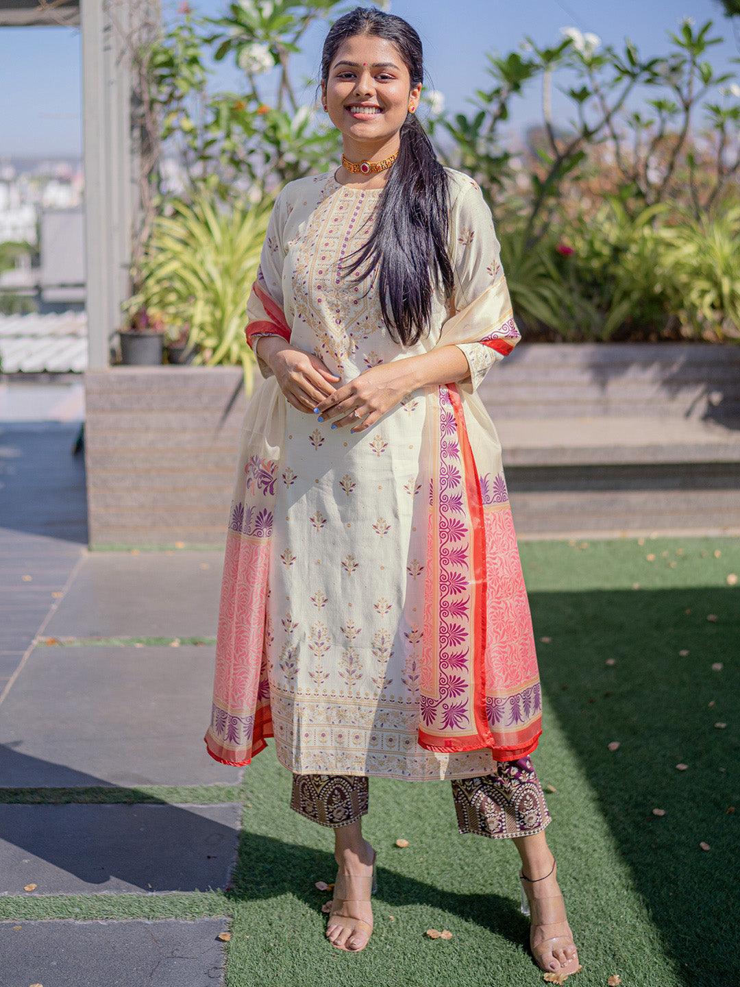 Cream Printed Chanderi Silk Straight Suit Set With Trousers - Libas