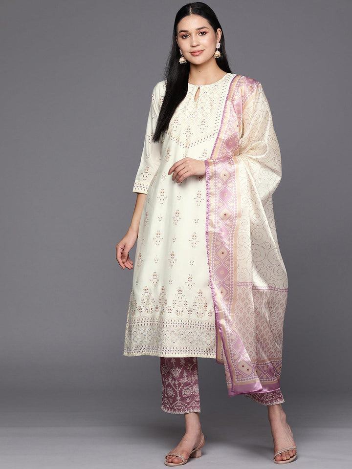 Cream Printed Chanderi Silk Straight Suit Set With Trousers - Libas