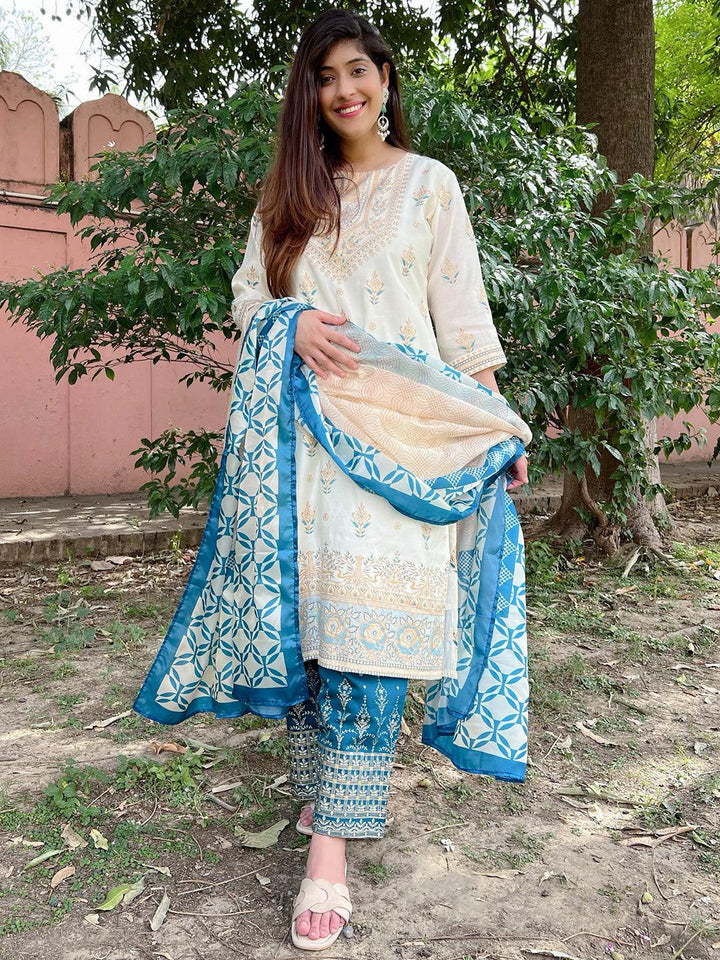 Cream Printed Chanderi Silk Straight Kurta With Trousers and Dupatta - Libas