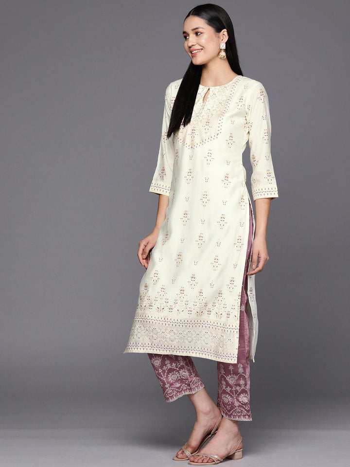 Cream Printed Chanderi Silk Straight Suit Set With Trousers - Libas