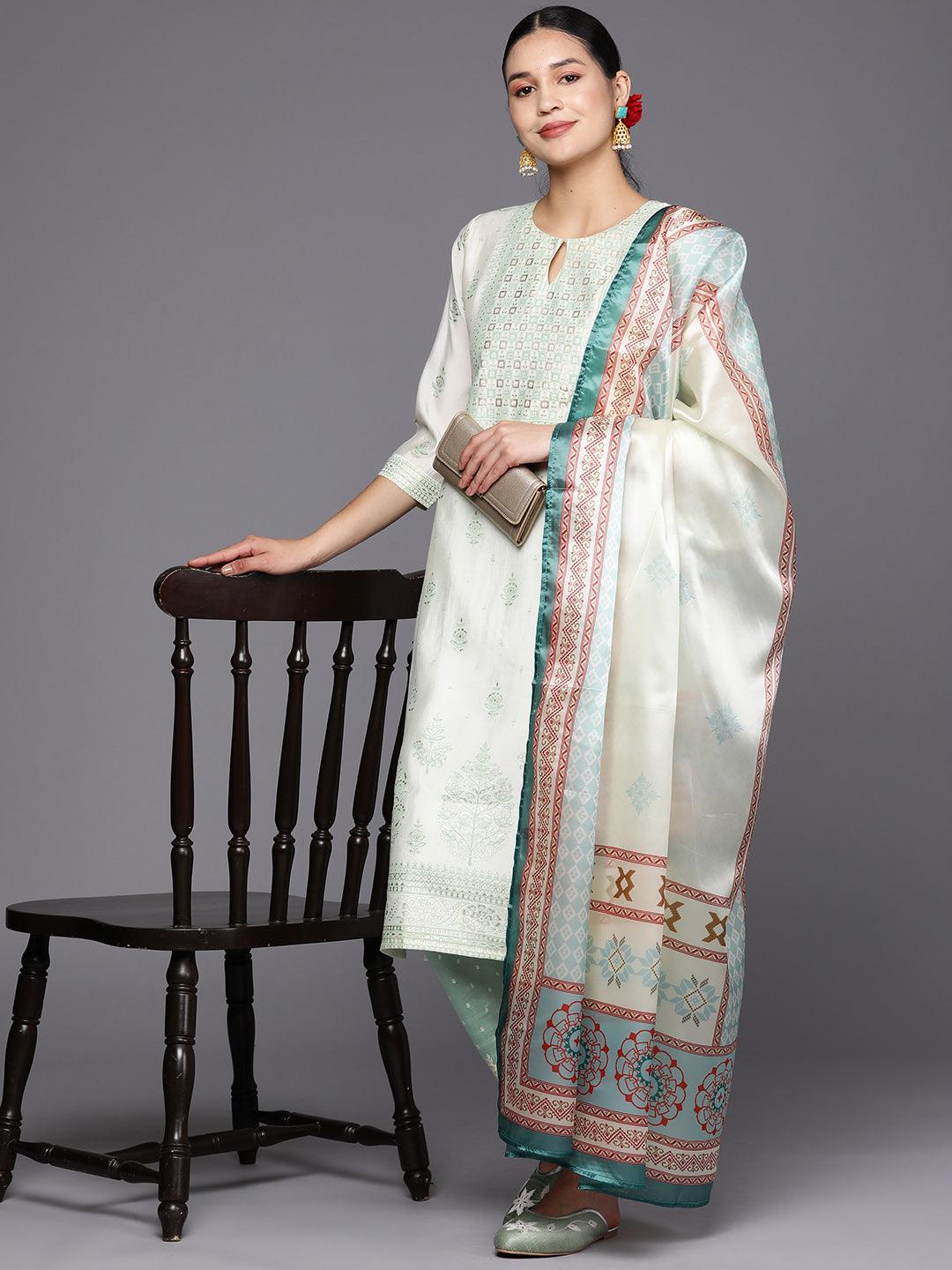 Cream Printed Chanderi Silk Straight Suit Set With Trousers - Libas 