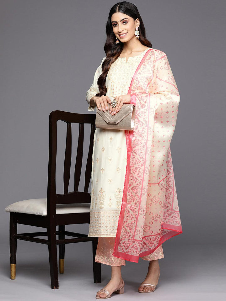 Cream Printed Chanderi Silk Straight Suit Set With Trousers - Libas