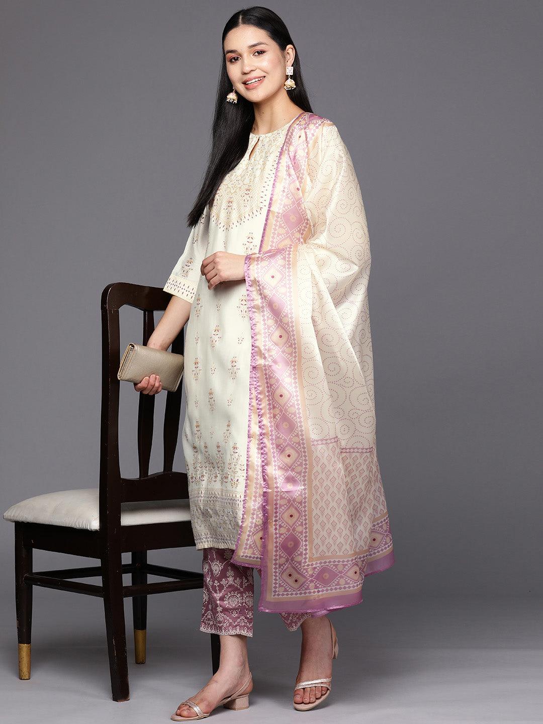 Cream Printed Chanderi Silk Straight Suit Set With Trousers - Libas