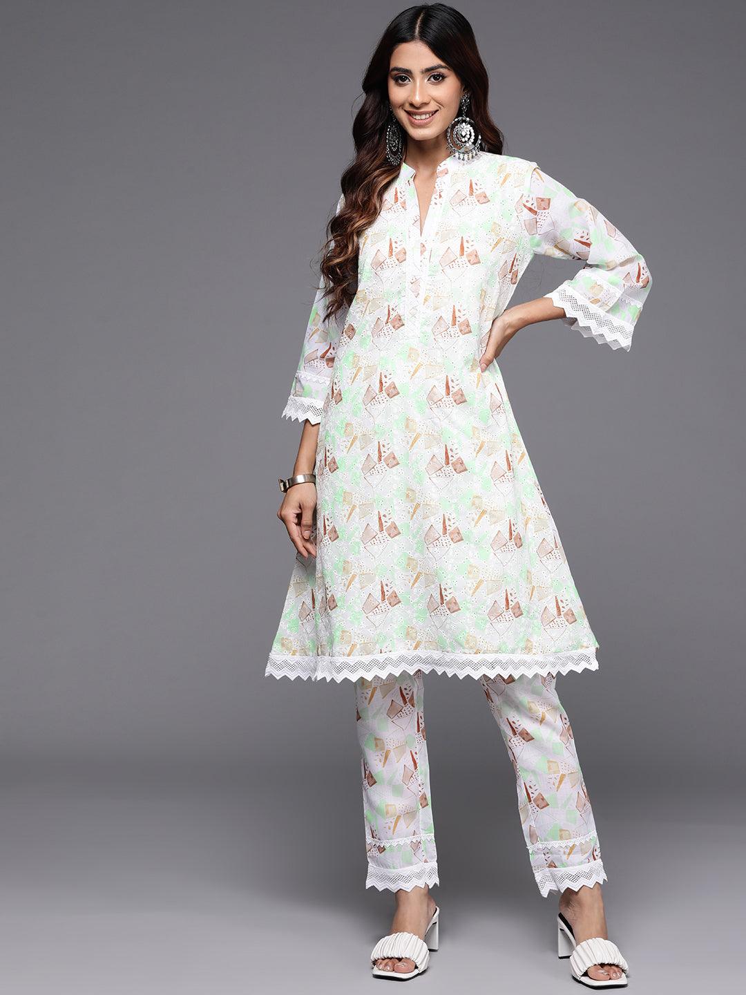 Cream Printed Cotton A-Line Kurta With Trousers - Libas 