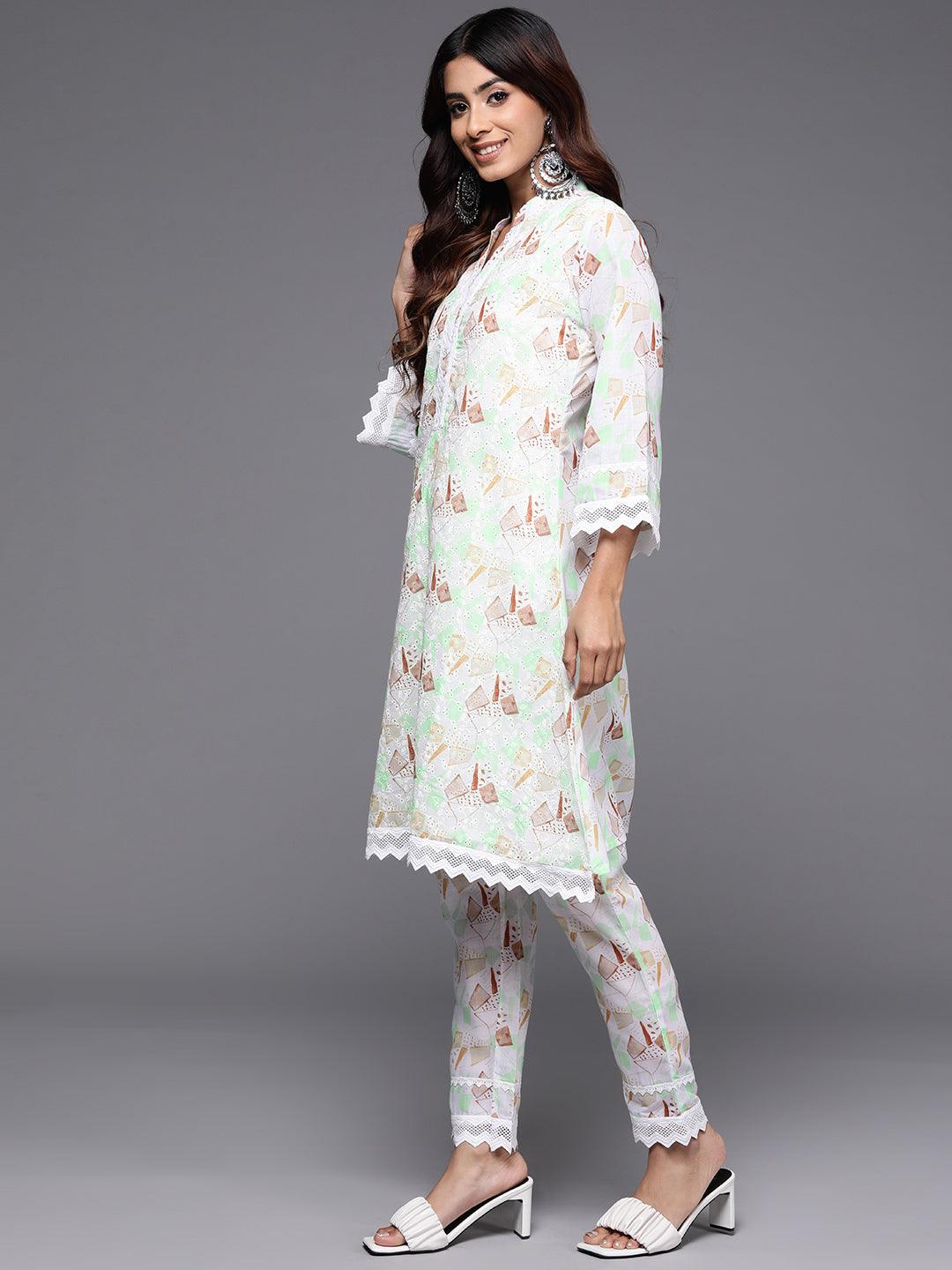 Cream Printed Cotton A-Line Kurta With Trousers - Libas