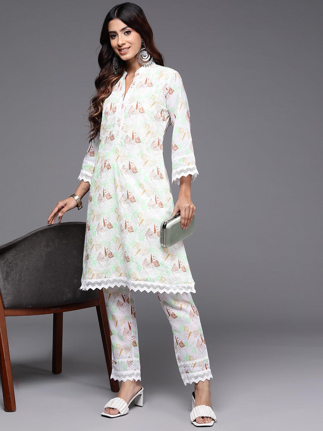 Cream Printed Cotton A-Line Kurta With Trousers - Libas