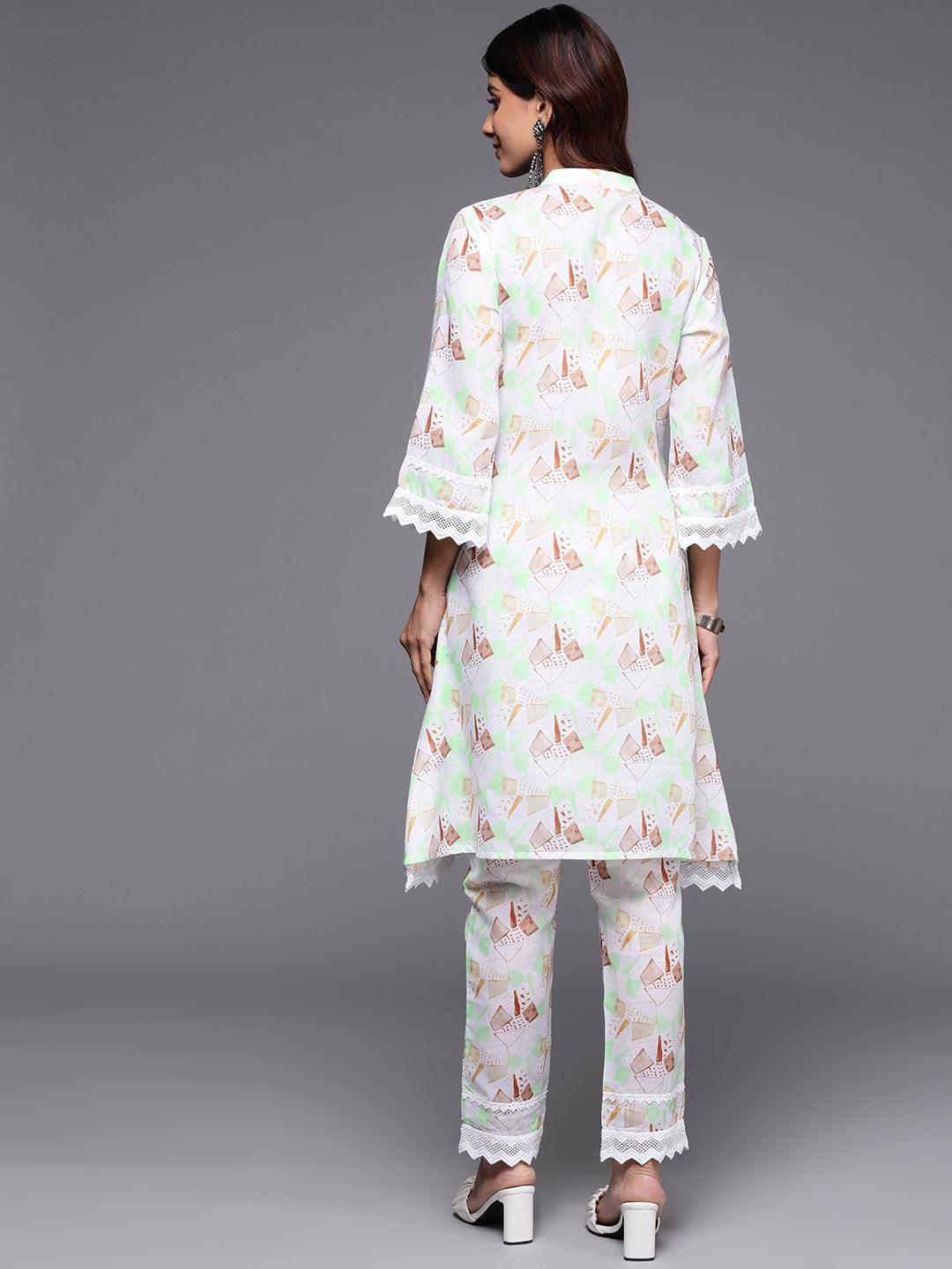 Cream Printed Cotton A-Line Kurta With Trousers - Libas 