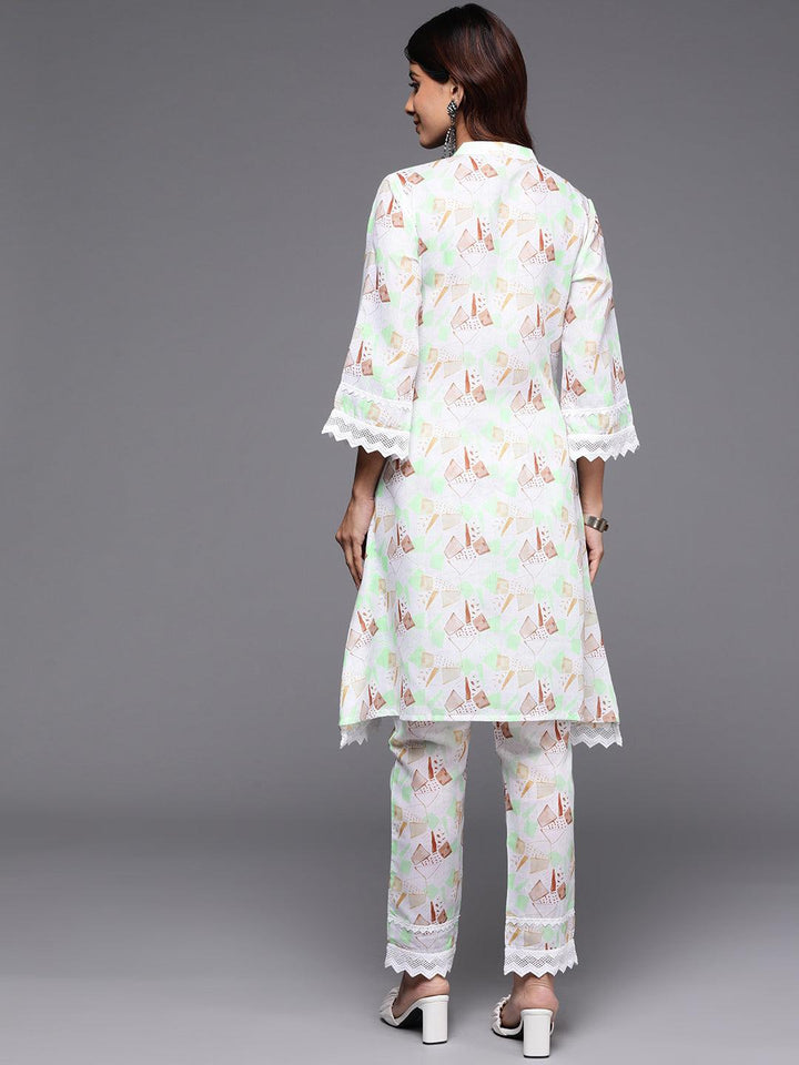 Cream Printed Cotton A-Line Kurta With Trousers - Libas