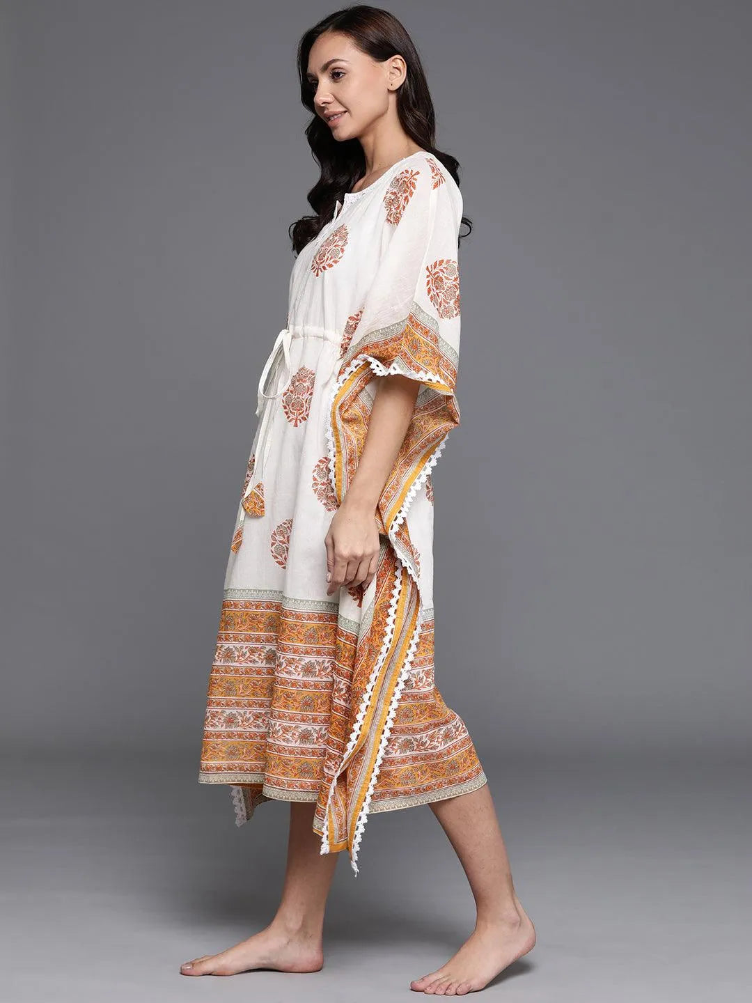 Cream Printed Cotton Nightdress - Libas