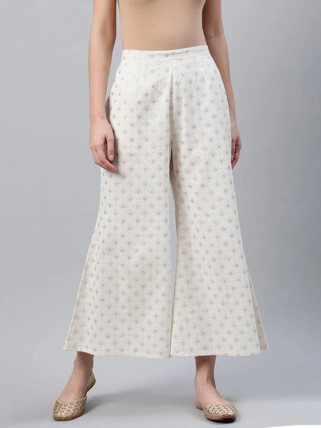 Cream Printed Cotton Palazzos - Libas 