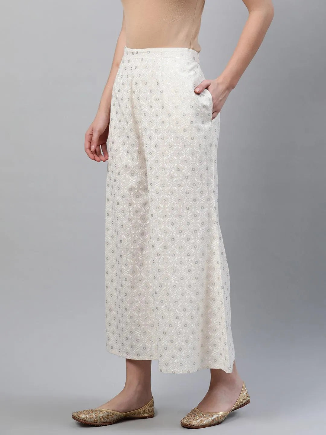 Cream Printed Cotton Palazzos - Libas 