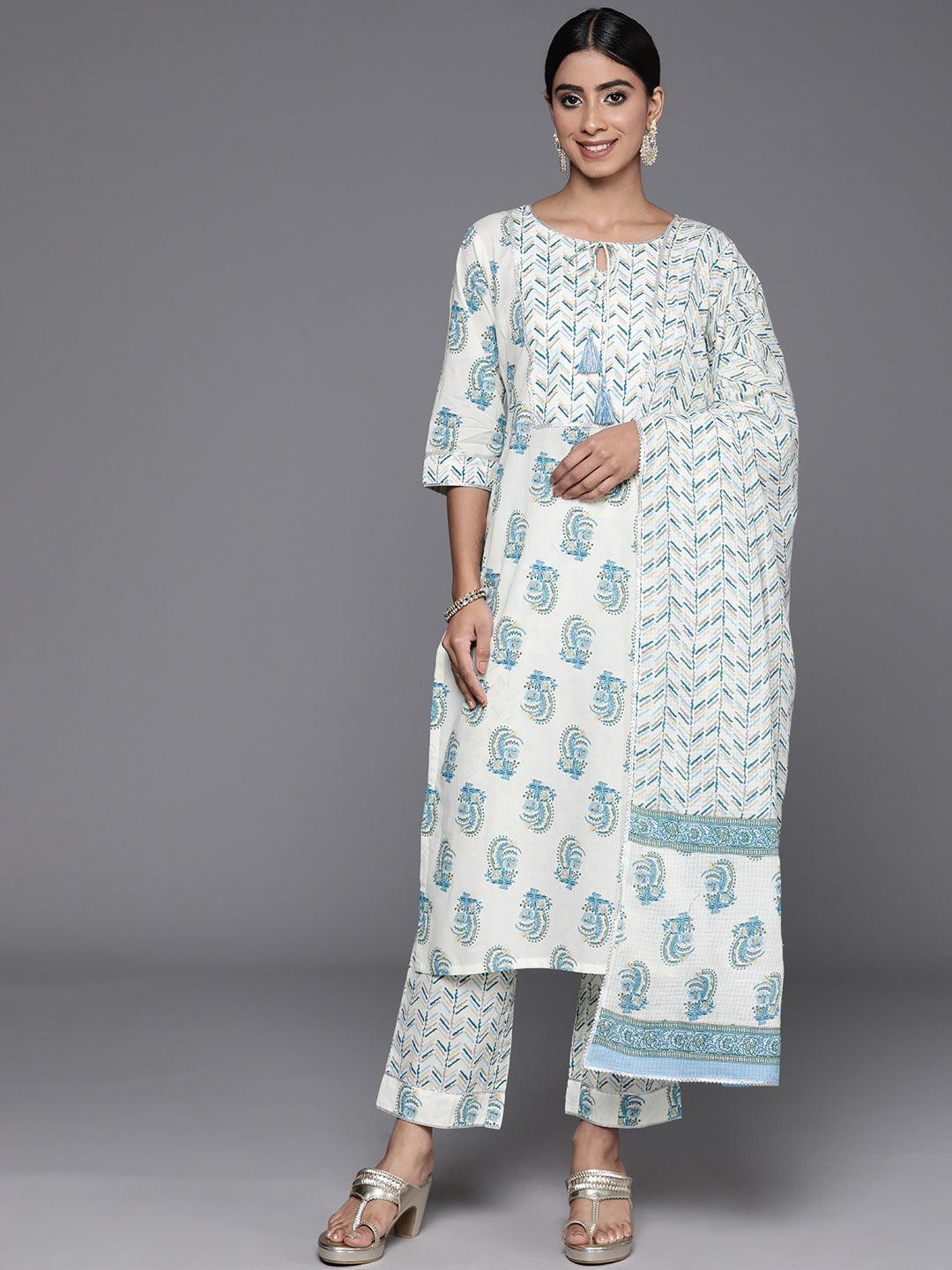 Cream Printed Cotton Straight Kurta With Trousers & Dupatta - Libas 