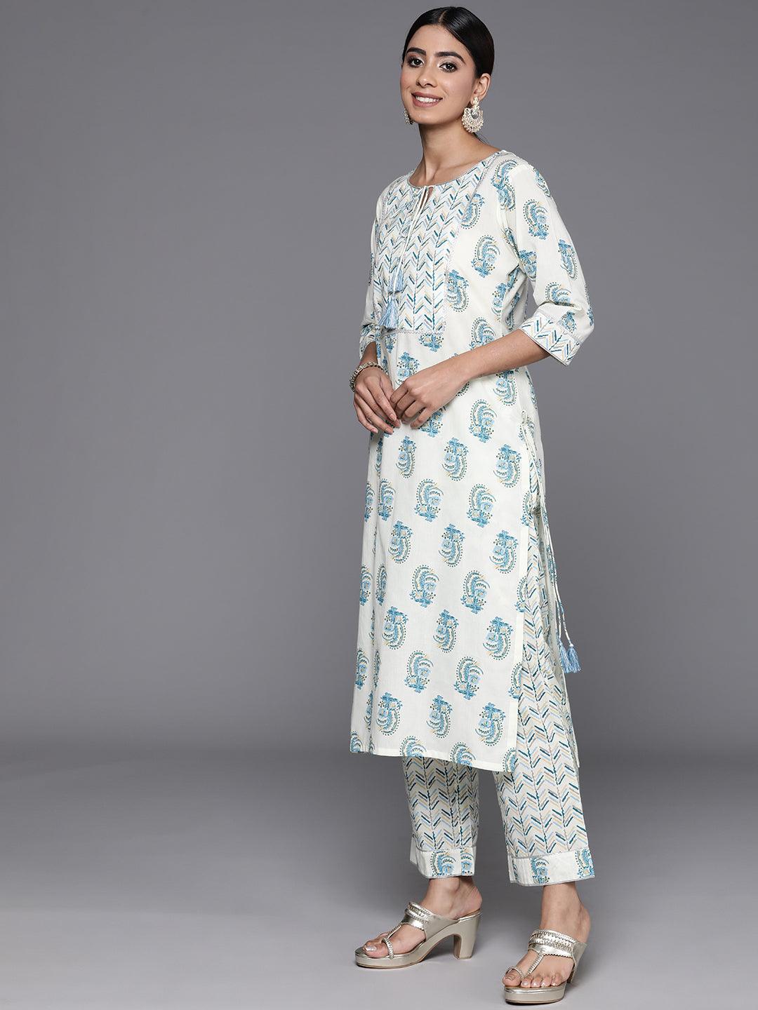 Cream Printed Cotton Straight Kurta With Trousers & Dupatta - Libas 