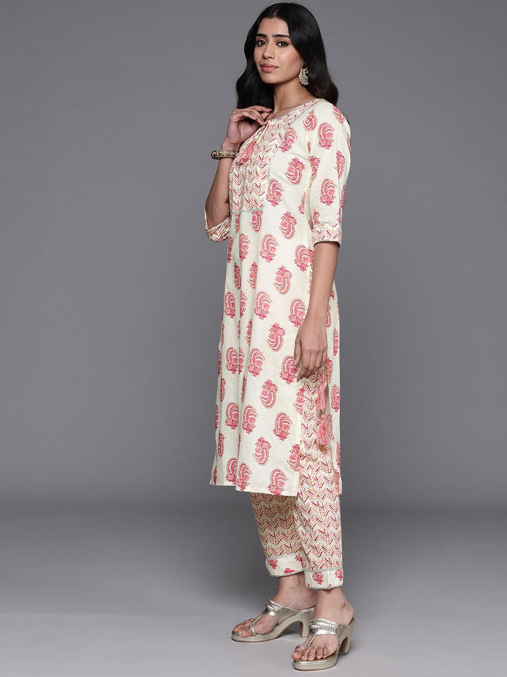 Cream Printed Cotton Straight Kurta With Trousers & Dupatta - Libas