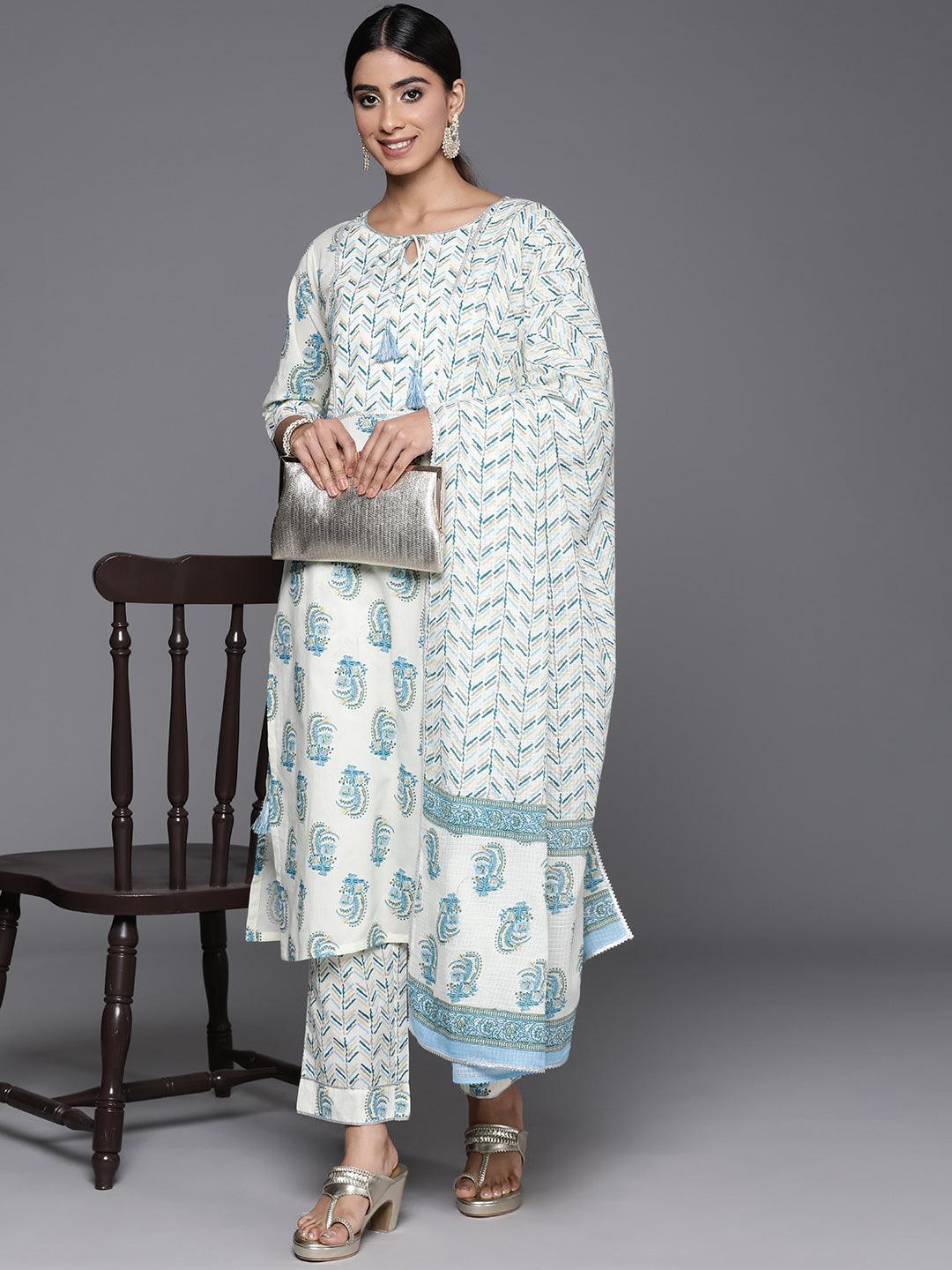 Cream Printed Cotton Straight Kurta With Trousers & Dupatta - Libas