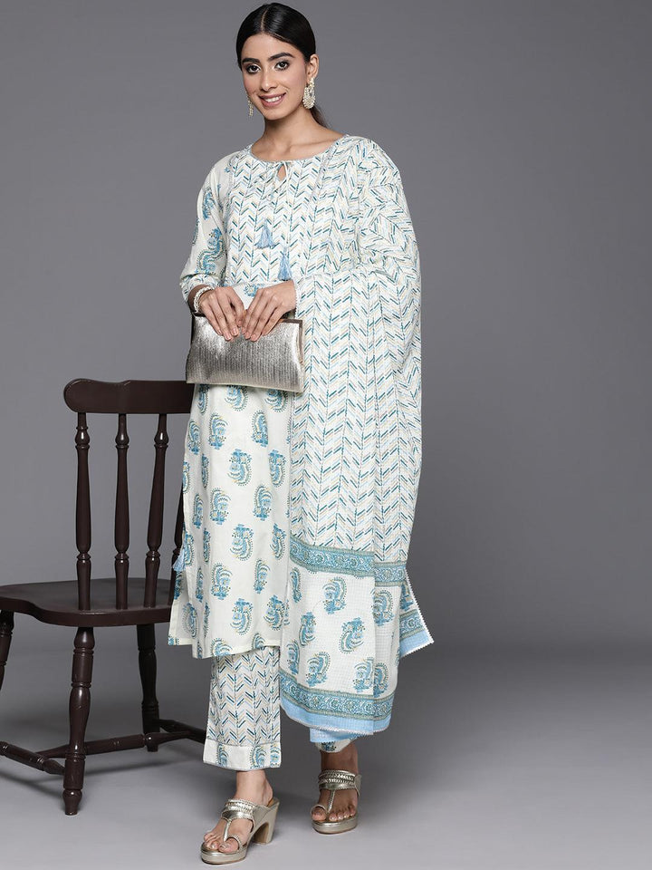 Cream Printed Cotton Straight Kurta With Trousers & Dupatta - Libas