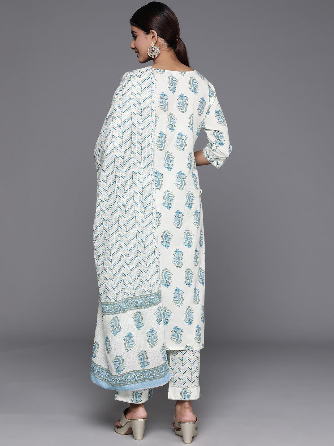 Cream Printed Cotton Straight Kurta With Trousers & Dupatta - Libas