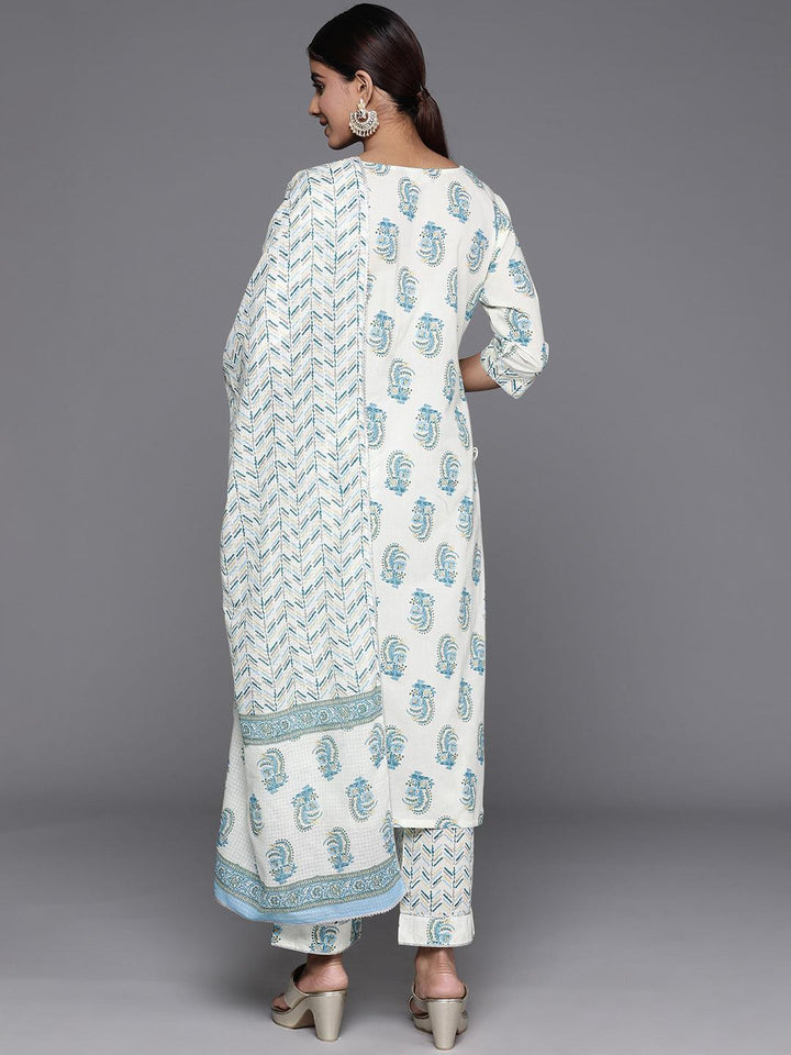 Cream Printed Cotton Straight Kurta With Trousers & Dupatta - Libas