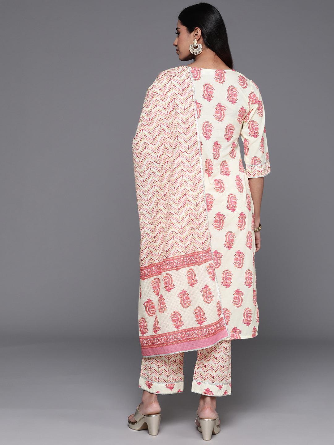 Cream Printed Cotton Straight Kurta With Trousers & Dupatta - Libas