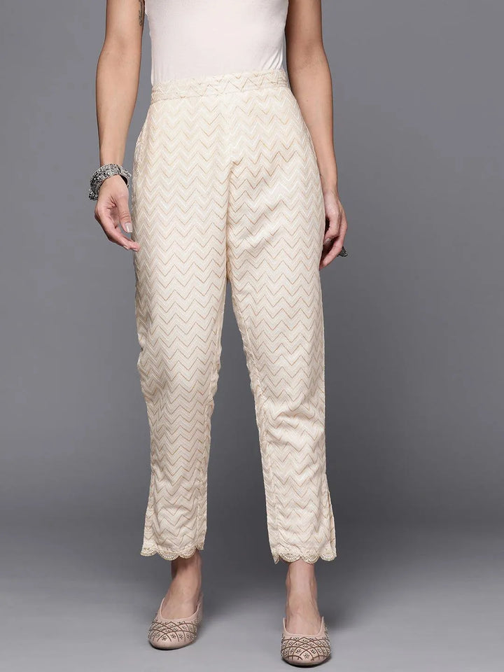 Cream Printed Cotton Trousers - Libas