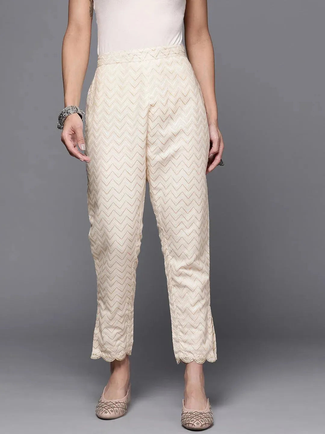 

Cream Printed Cotton Trousers