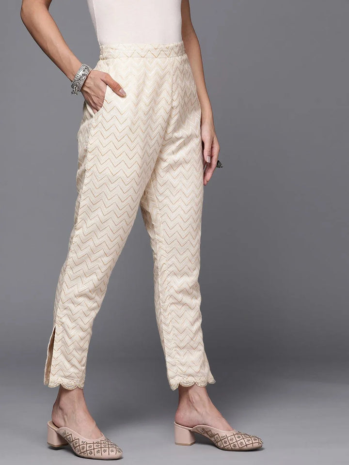 Cream Printed Cotton Trousers - Libas