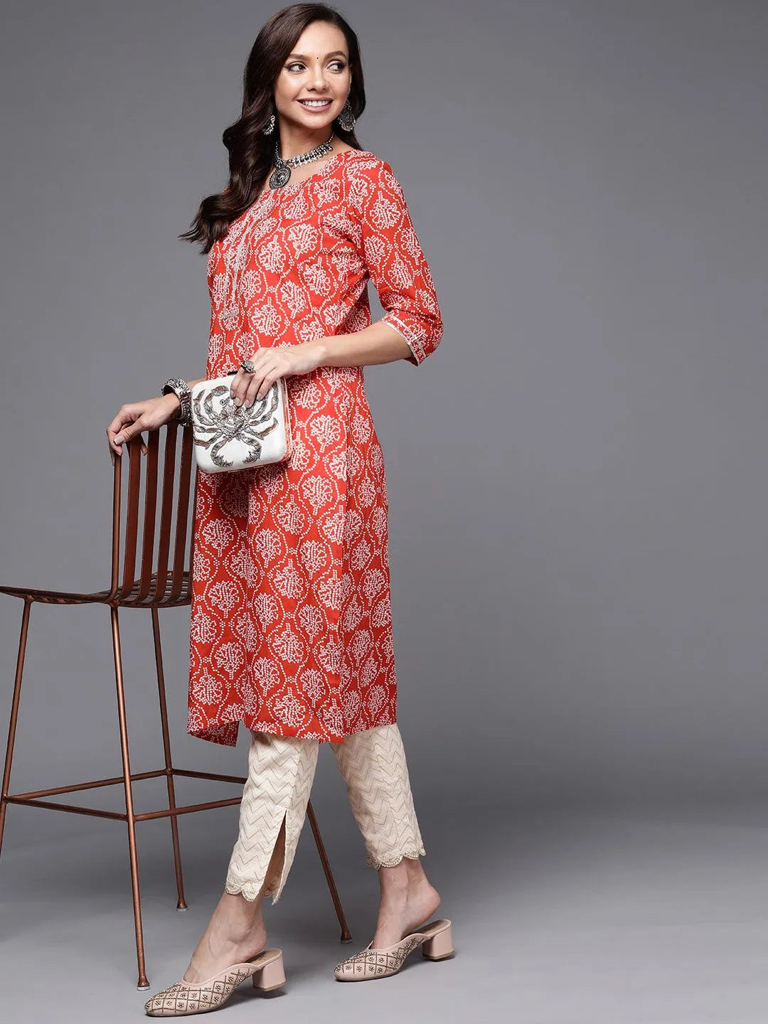 Cream Printed Cotton Trousers - Libas