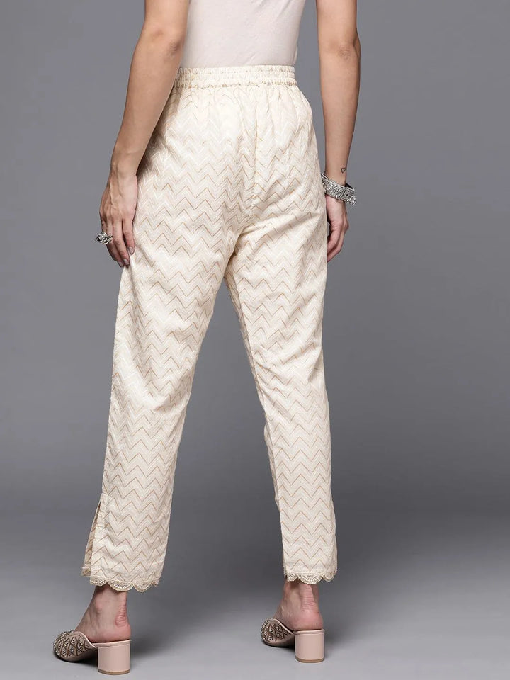 Cream Printed Cotton Trousers - Libas