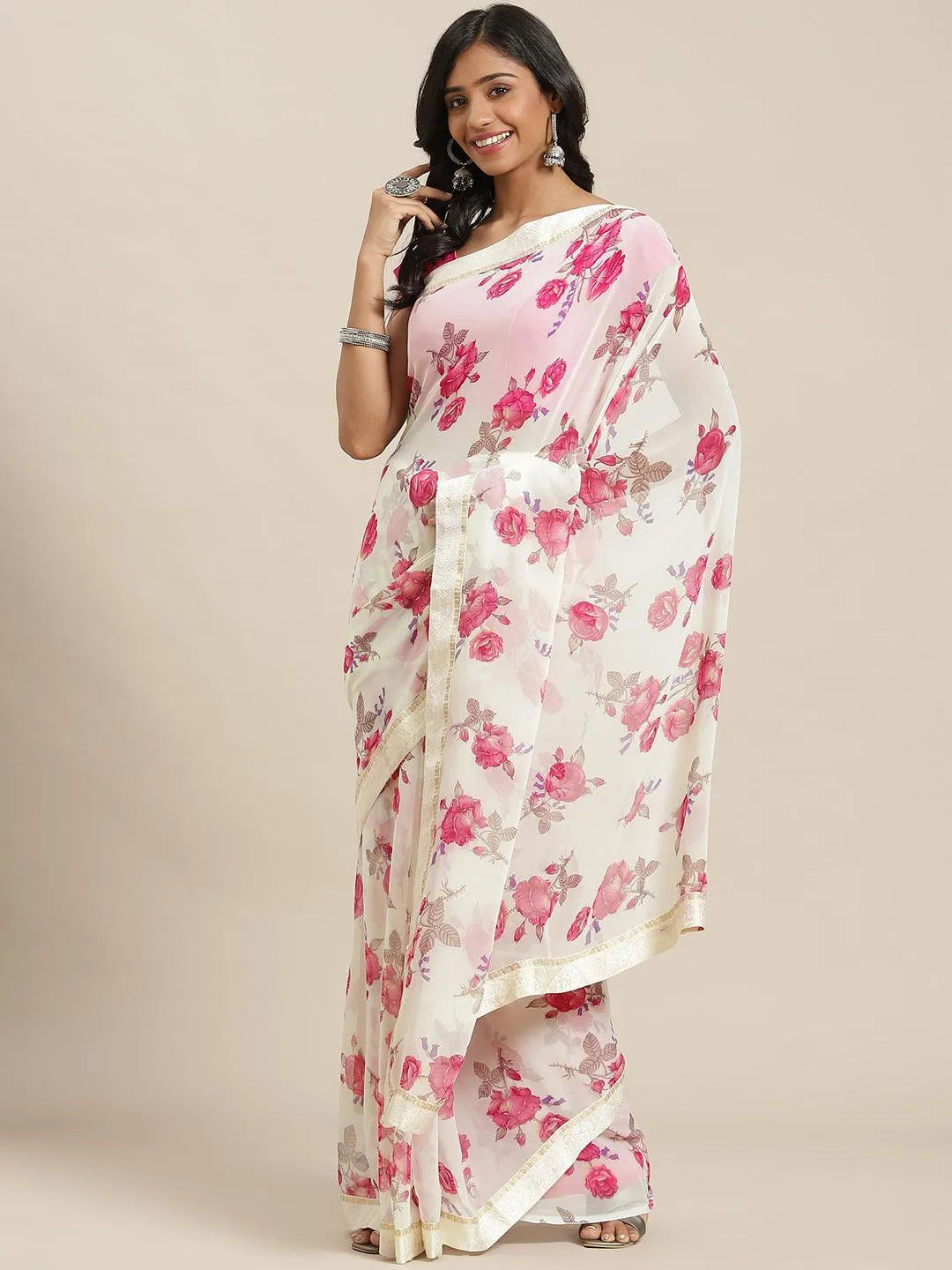 Cream Printed Georgette Saree - Libas 