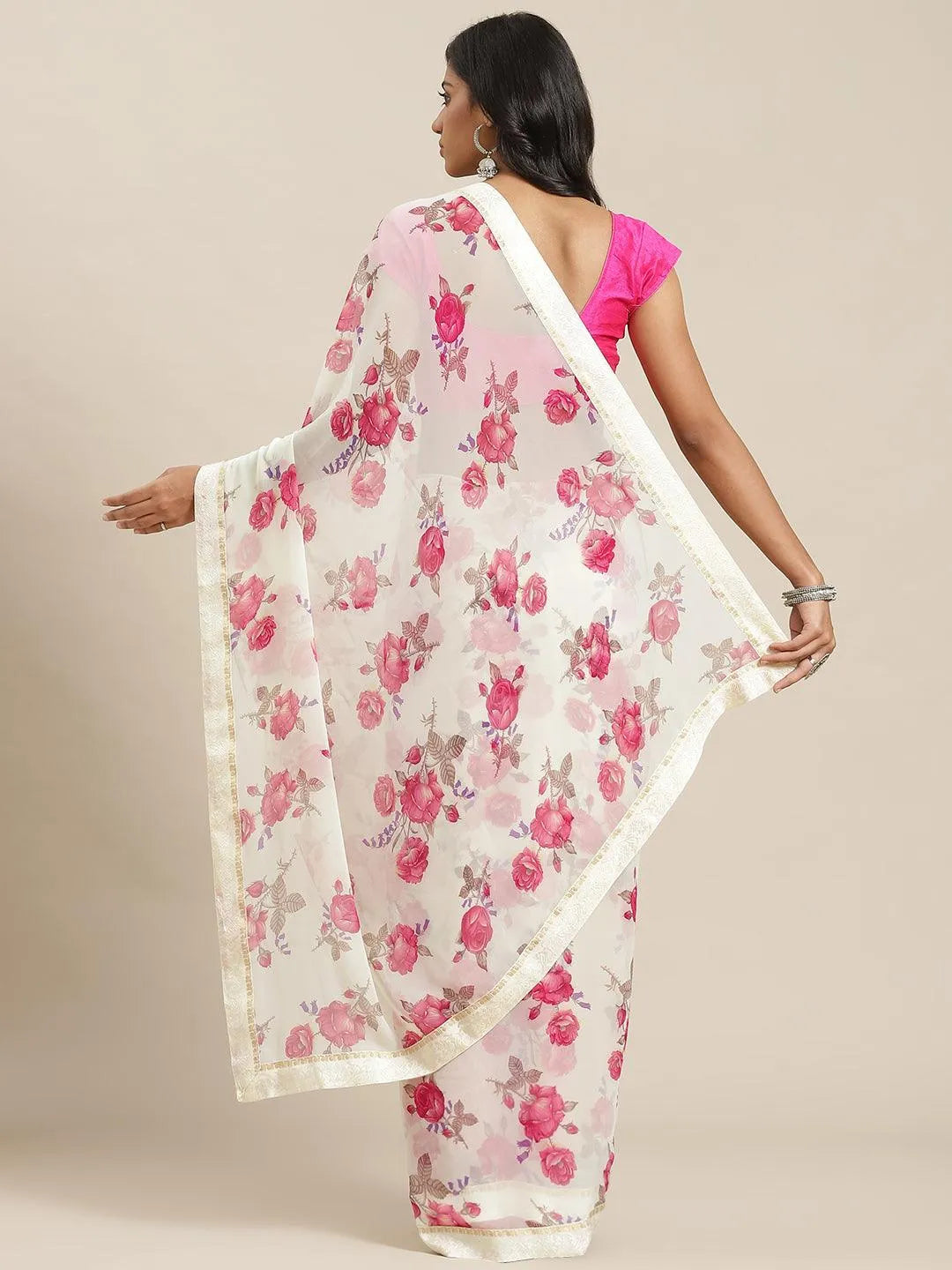 Cream Printed Georgette Saree - Libas 